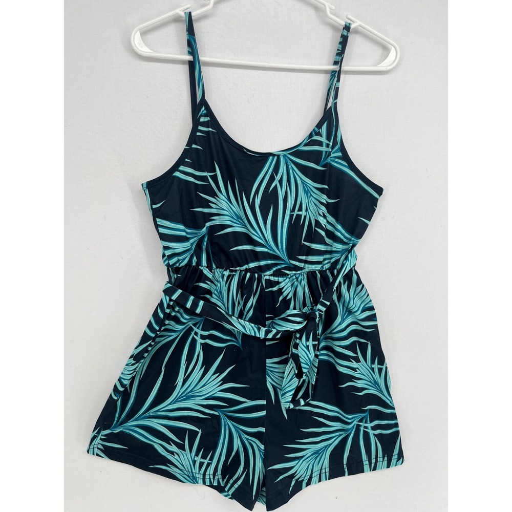 PatPat Women Romper Small S Tropical Palm Leaf Print Tie Waist Blue Teal NWOT